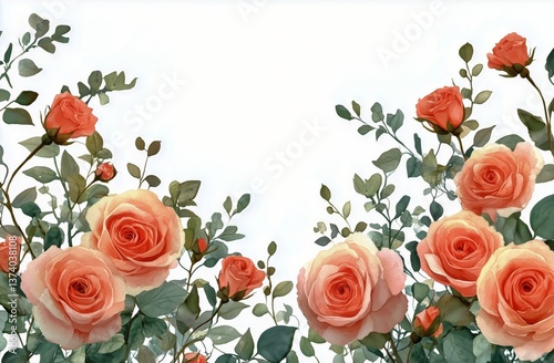 Beautiful Watercolor Roses and Greenery Border Design Suitable for Invitation...