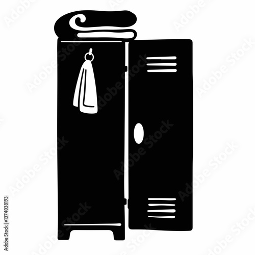 Silhouette of gym locker with towel on white background, fitness concept