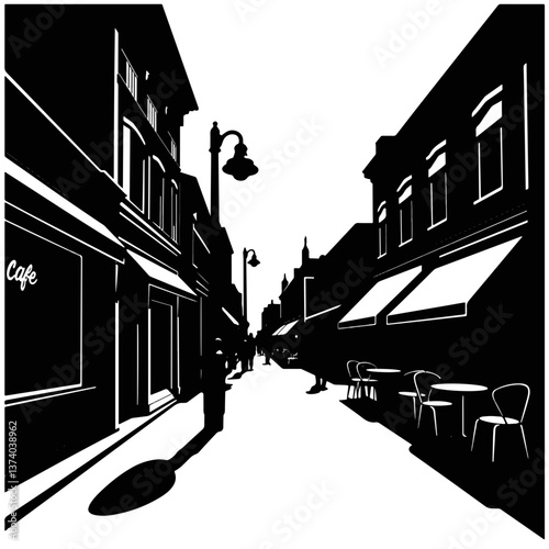 Silhouette of a city street with café, artistic black and white design