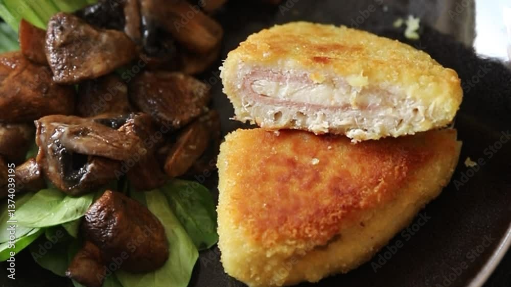 Cordon Bleu Cutlet meat chicken, ham, cheese appetizer dish fresh delicious gourmet food background on the table rustic food top view copy space
