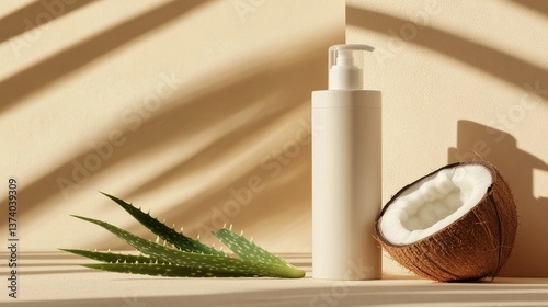 A sleek skincare bottle positioned next to half a coconut and aloe leaves, illuminated by soft, natural light. This clean composition highlights natural beauty and wellness products in a tropical