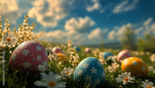 Colorful Easter Eggs Scattered in a Vibrant Meadow Filled With Daisies Under ...