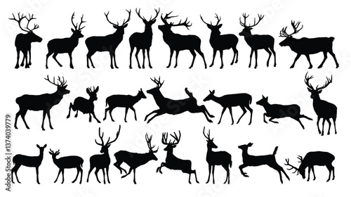 Big set silhouettes of forest deer.
