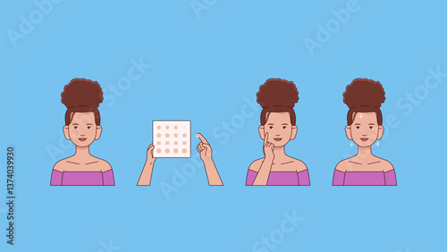 Vector illustration of a girl with problem skin applying pimple patch or absorbing pad on her face. Skin care routine and acne treatments.
