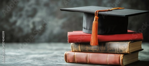 Graduation Cap on Stacked Books Symbolizing Academic Achievement in Education...