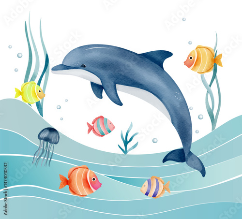 Watercolor marine animals. Cute dolphin, tropical fish. Water inhabitants. Hand drawn underwater sea life
