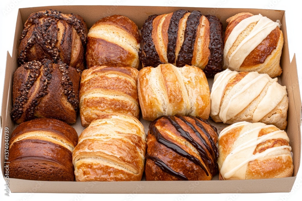 Chocolate croissants with layered pastry texture arranged on rustic tray shot from top highlighting shine structure and gourmet bakery elegance in overhead view