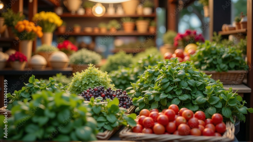 A market with a variety of fruits and vegetables, including tomatoes, apples, and berries. The produce is displayed in baskets and potted plants, creating a lively and colorful atmosphere A market with a variety of fruits and vegetables, including tomatoes, apples, and berries. The produce is displayed in baskets and potted plants, creating a lively and colorful atmosphere