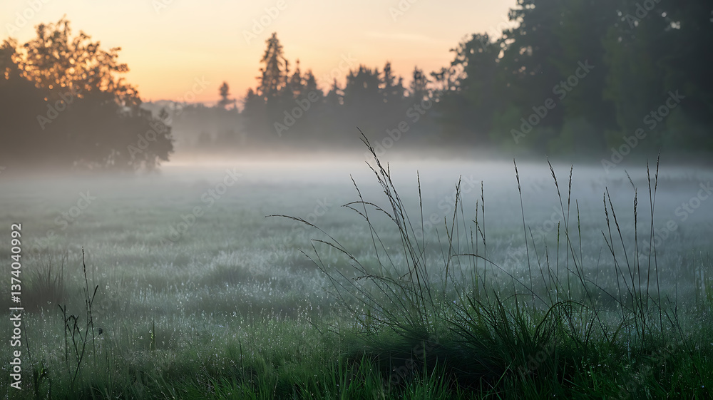 Fototapeta premium Misty meadow at dawn dew-kissed grass