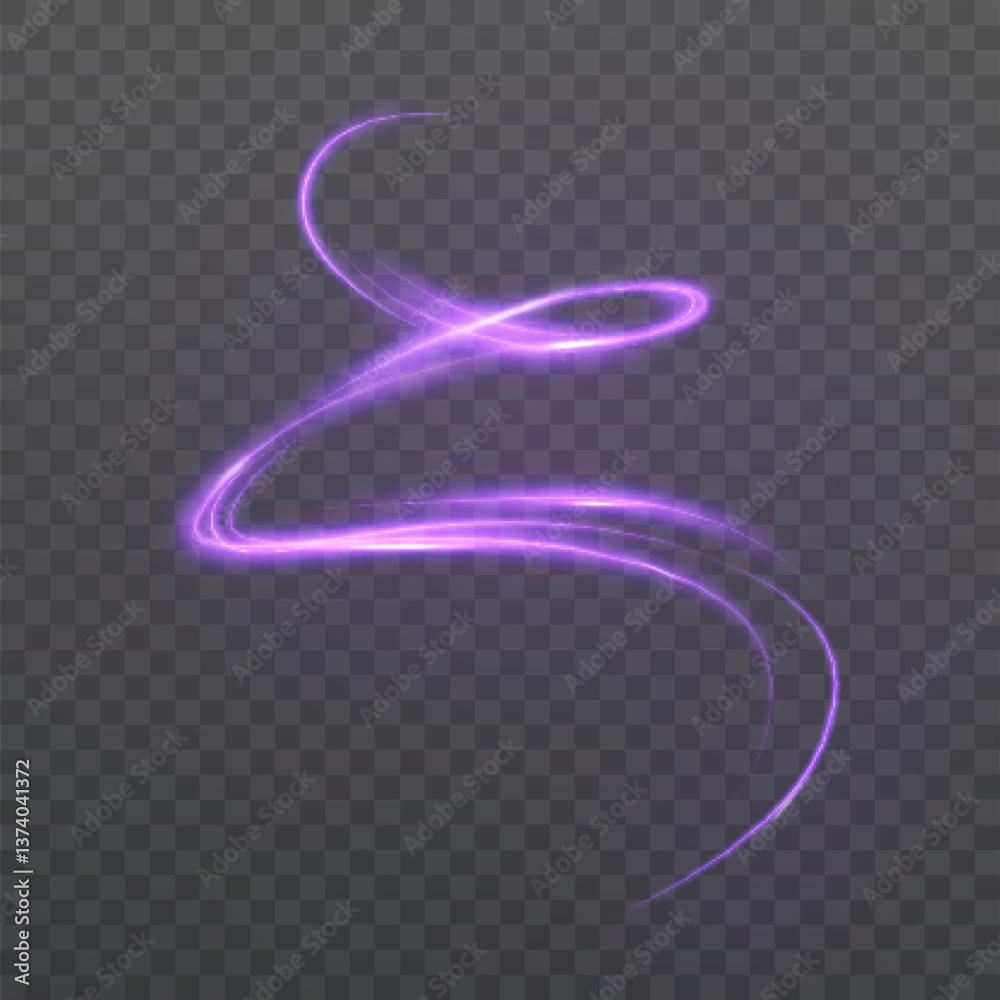 Curved purple light line with soft glow on transparent background. Abstract effect creates a feeling of movement, energy and digital fantasy.
