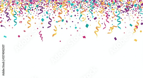 Confetti Rain: A vibrant explosion of colorful confetti and serpentine streamers cascade downwards, creating a festive and cheerful atmosphere, symbolizing celebration and joy. 