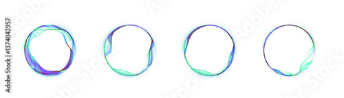 Set of abstract glowing round frames with smooth wavy lines in green and purple tones on a white background. Perfect for user interface elements, digital interfaces or futuristic design accents. 