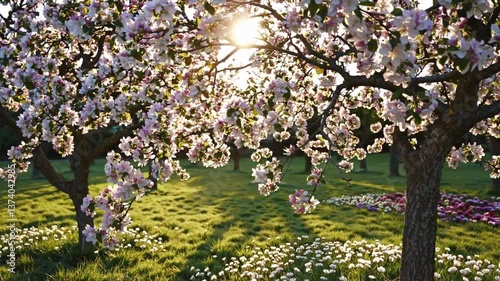 Blossoming cherry trees basking in sunlight on a sunny day  