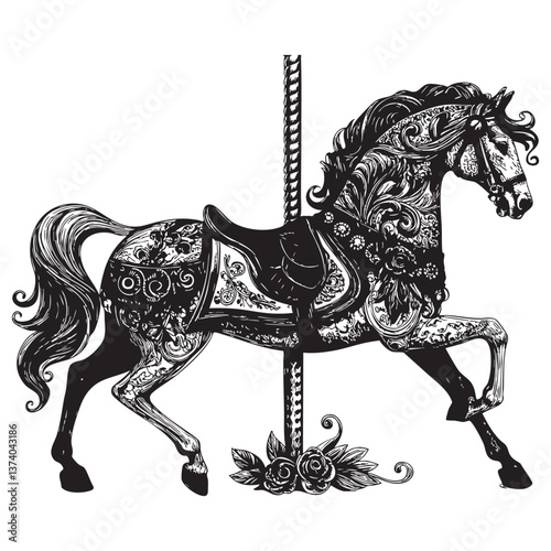 horse carousel engraving vector illustration