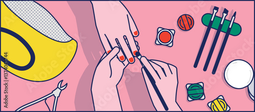 Gel polish application by a master in a beauty salon. Close-up, vector illustration.