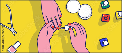 Manicure artist applying nail polish in a beauty salon. Close-up, vector illustration.