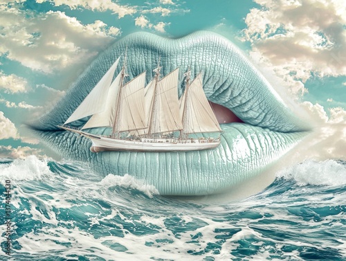 Creative design featuring an artistic blend of lips, a sailing ship, and ocean waves
