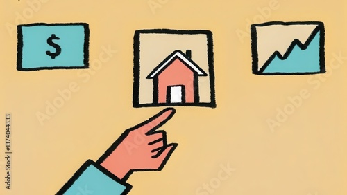 A hand pointing at a house image with financial icons in a conceptual design illustrating property investment. Isolate on clean background, Copy space, commercial use