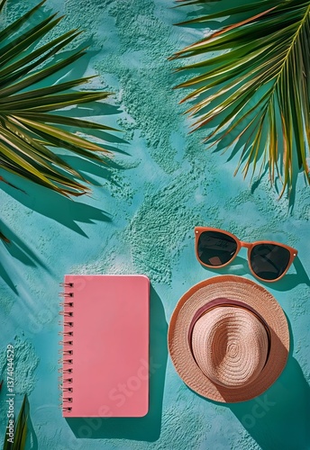 Bright Summer Vibes With Hat, Sunglasses, and Notepad on Turquoise Background