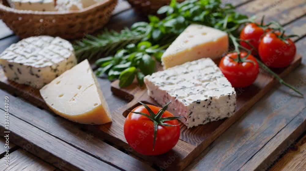 Assorted cheese slices and fresh tomatoes on rustic wooden board Assorted cheese slices and fresh tomatoes on rustic wooden board