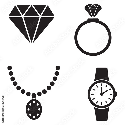 Diamond Icon set Silhouette Vector Black. with white background