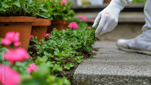 Gardener Tending to Flowers and Removing Weeds From a Stone Pathway in a Vibr...