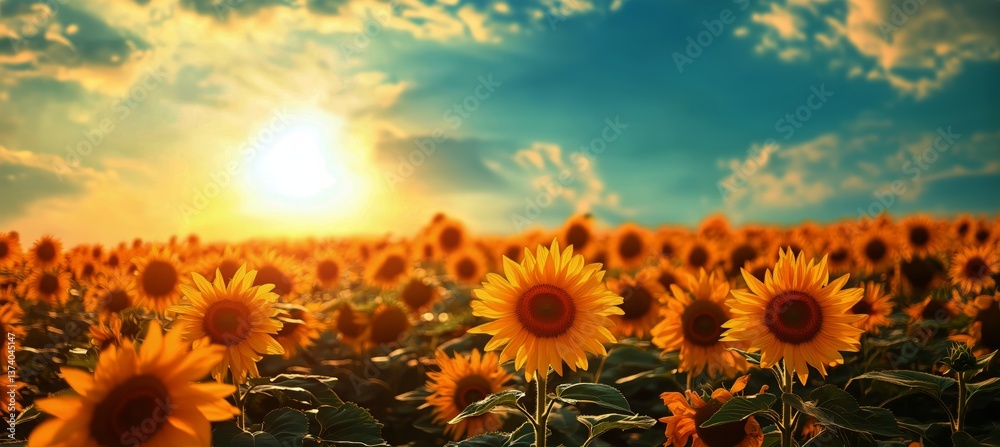 Fototapeta premium Sunflower Field Under Blue Sky With Bright Sun During Golden Hour in Summer