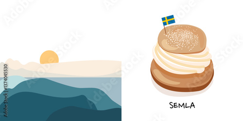 Semla. Swedish Sweets. Concept of a Cozy Coffee Time. Scandinavian landscape. Scandinavian culture. Vector Illustration.