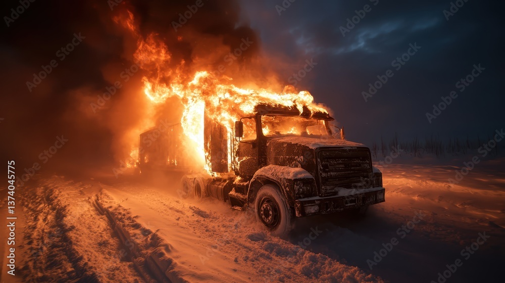 An abandoned truck burns fiercely in a snowy landscape, highlighting the stark contrast of fire against the serene and cold environment around it. An abandoned truck burns fiercely in a snowy landscape, highlighting the stark contrast of fire against the serene and cold environment around it.