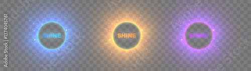 Set of glowing round badges with text "SHINE" on transparent background. Shining neon sparkle effects for labels, UI elements or promo designs.