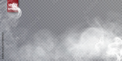 Realistic white smoke effect on transparent background with soft swirls and fog density. Perfect for overlays, steam effects or atmospheric design elements. Vector