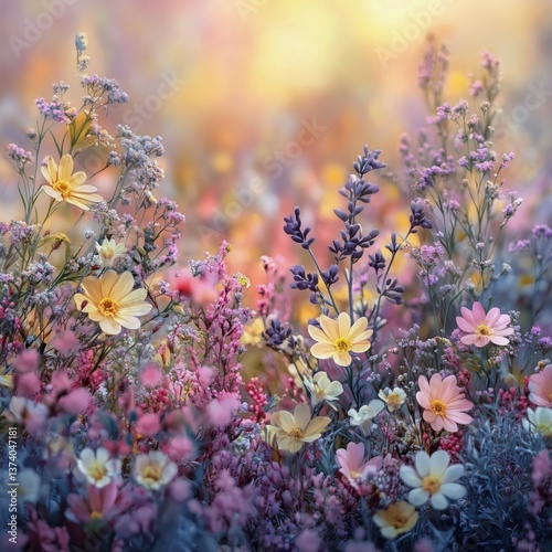 Colorful Wildflowers Blooming in a Serene Meadow During Early Spring Sunlight