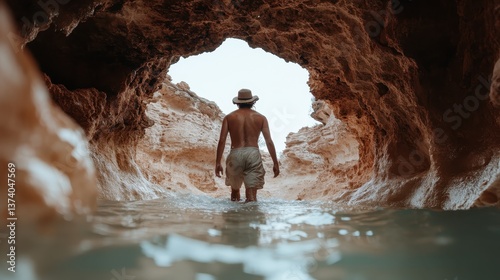 A muscular man strolls confidently through a serene water cave, showcasing the bareness of nature and human exploration in a stunning, tranquil setting amidst rock formations.