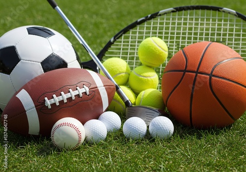 Sports Equipment on Green Field: A vibrant composition showcasing a variety of sports equipment artfully arranged on a lush, green field.