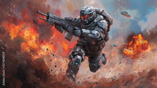Illustration painting in digital art style showing a futuristic soldier sprinting away from an enormous explosion