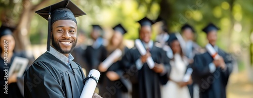 Graduation Ceremony Celebration With Smiling Student Holding Diploma Outdoors...