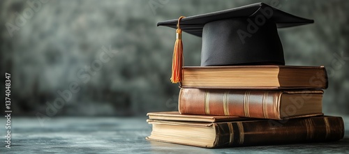 Graduation Cap on Stacked Books Symbolizing Academic Achievement in Education...