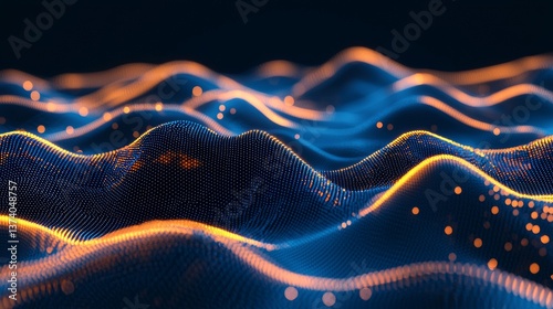 An abstract digital landscape with a futuristic technology theme is characterized by its glowing particles and lines