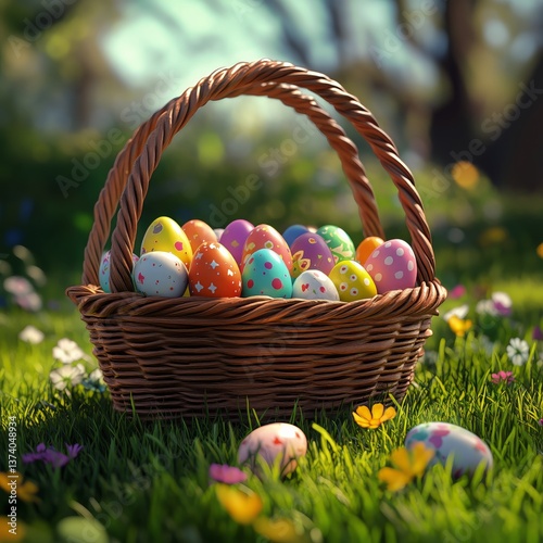 Colorful Easter Eggs in a Woven Basket on a Sunny Spring Day With Blooming Fl...