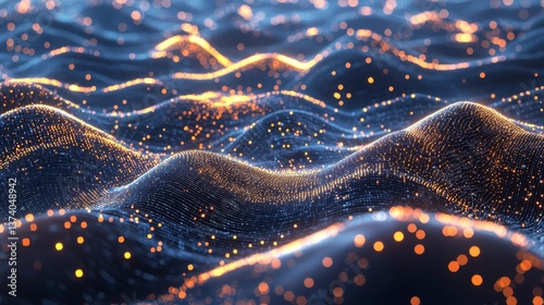 A futuristic technological backdrop featuring glowing particles and lines set amidst an abstract digital landscape