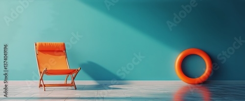 Bright Orange Lounging Chair and Lifebuoy Against Vibrant Blue Wall in Sunlit...