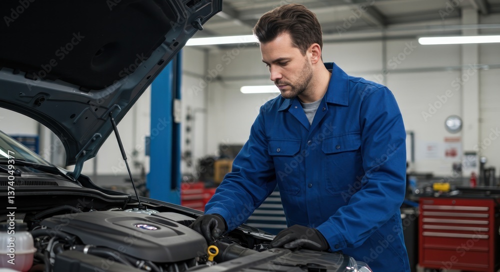 Caucasian male mechanic working on car engine in auto repair shop. Caucasian male mechanic working on car engine in auto repair shop.