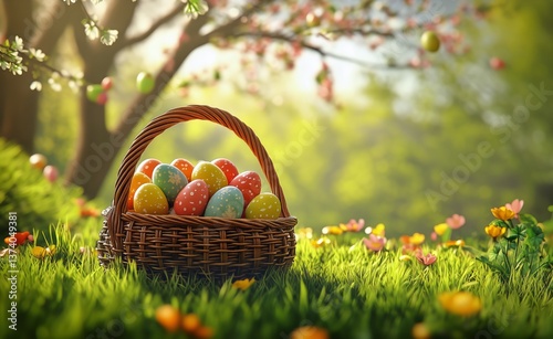 Colorful Easter Eggs in a Woven Basket Resting on Lush Green Grass Under a Br...