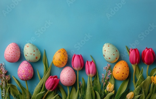 Brightly Colored Easter Eggs and Spring Flowers Arranged on a Blue Background...