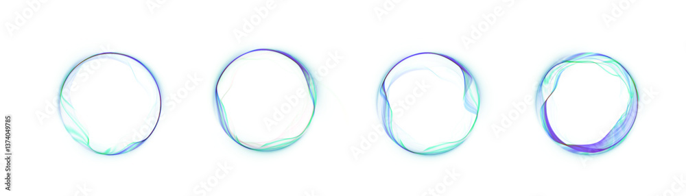 Set of abstract glowing round frames with smooth wavy lines in green and purple tones on a white background. Perfect for user interface elements, digital interfaces or futuristic design accents. 