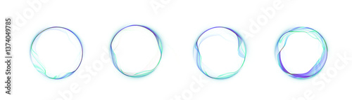 Set of abstract glowing round frames with smooth wavy lines in green and purple tones on a white background. Perfect for user interface elements, digital interfaces or futuristic design accents. 