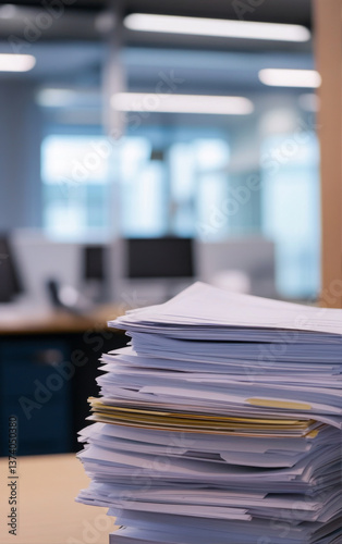 Businessmen sitting at desk surrounded by stacks of papers, looking concerned while reading document about business regulations, professional workplace tension and focus.	