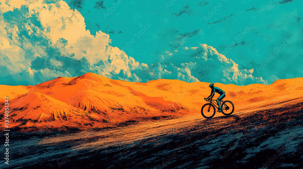 Fototapeta premium Stylized vector art of a lone cyclist pedaling along a reddish-brown dirt path, set against rolling orange dunes, under a vast aqua sky with surreal shaped clouds