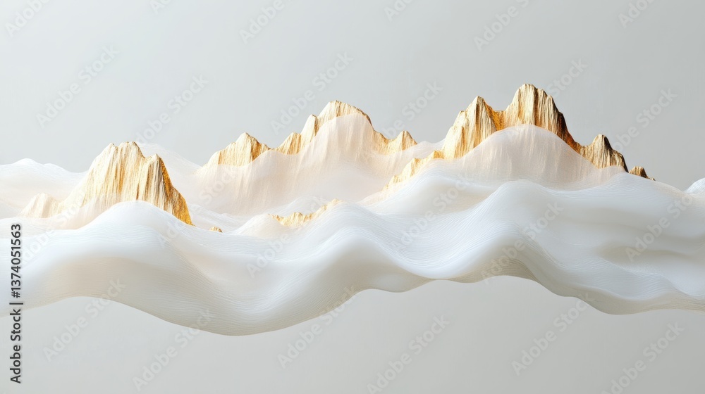 A floating scroll with stretching mountains, golden strokes, simple, atmospheric, Chinese style, 3D model