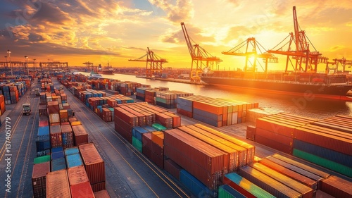 Wallpaper Mural Vibrant shipping port at sunset with colorful cargo containers and cranes Torontodigital.ca